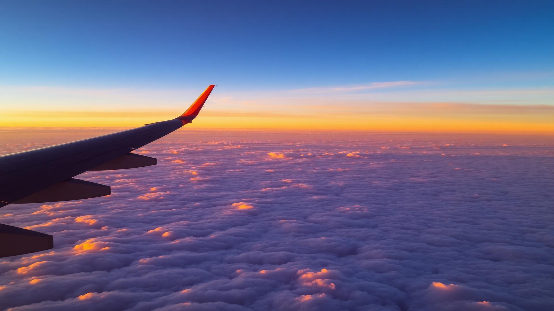 Vliegtuigvleugel boven de wolken bij zonsondergang